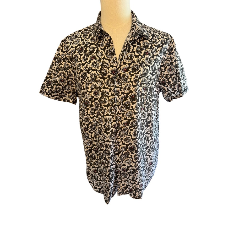 John Varvatos USA Mens Black White Floral Short Sleeve Button Down Shirt Large